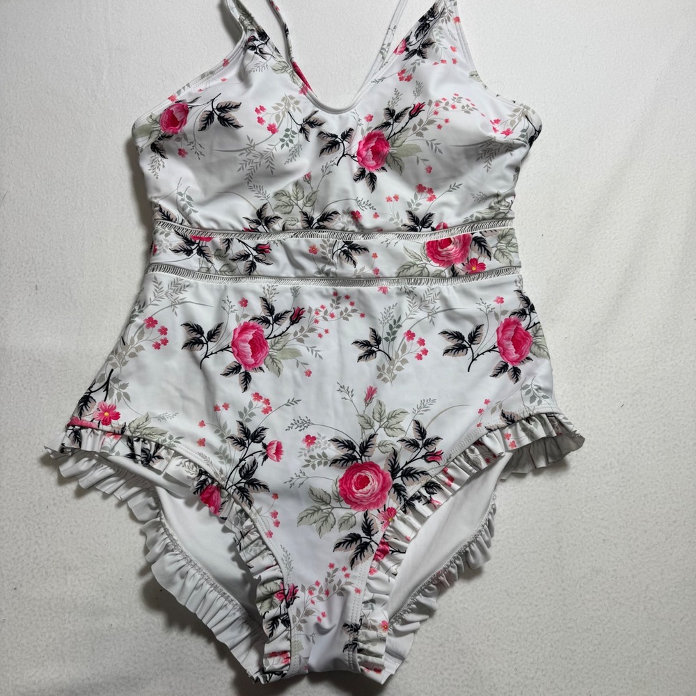 Floral One Piece Swimsuit 2XL White Pink Rose Ruffle Ladder Lace V-Neck Padded